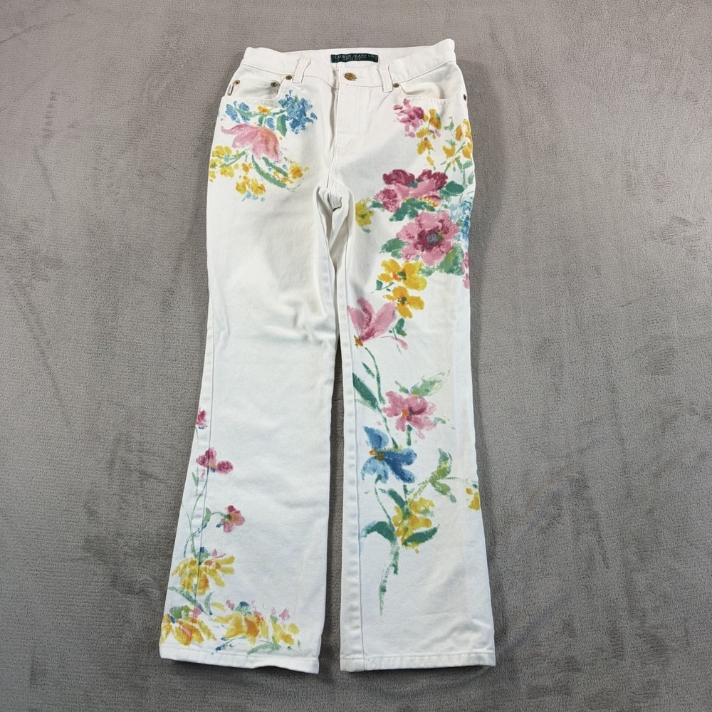 Vintage Ralph Lauren Painted Flower‎ Flare Artsy Colorful Jeans Women 2P Petite
